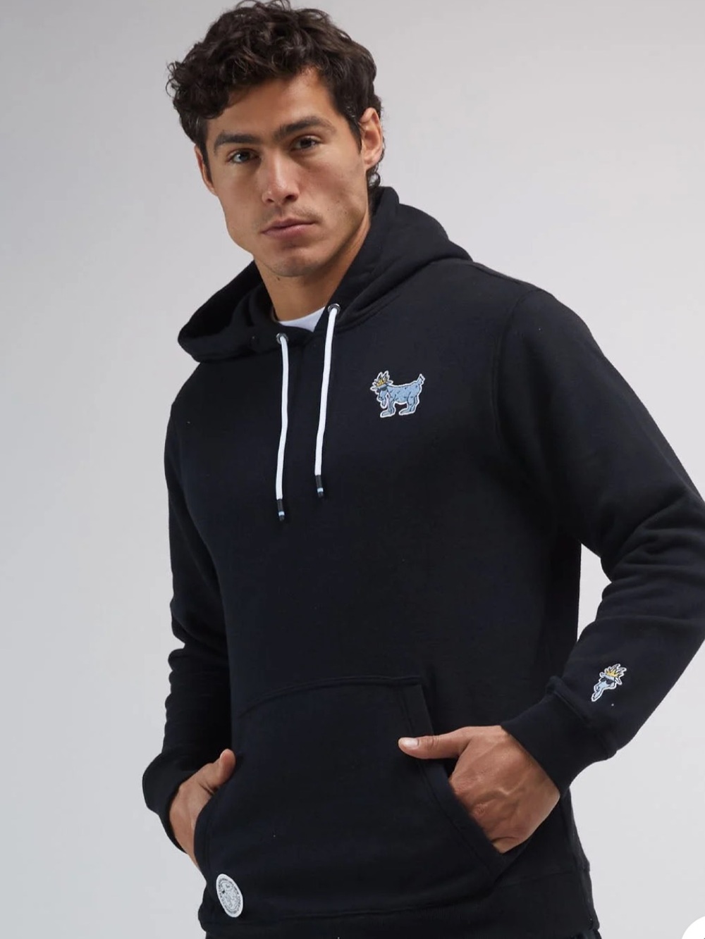 Black men’s Pullover Hoodie with Blue Embroidery